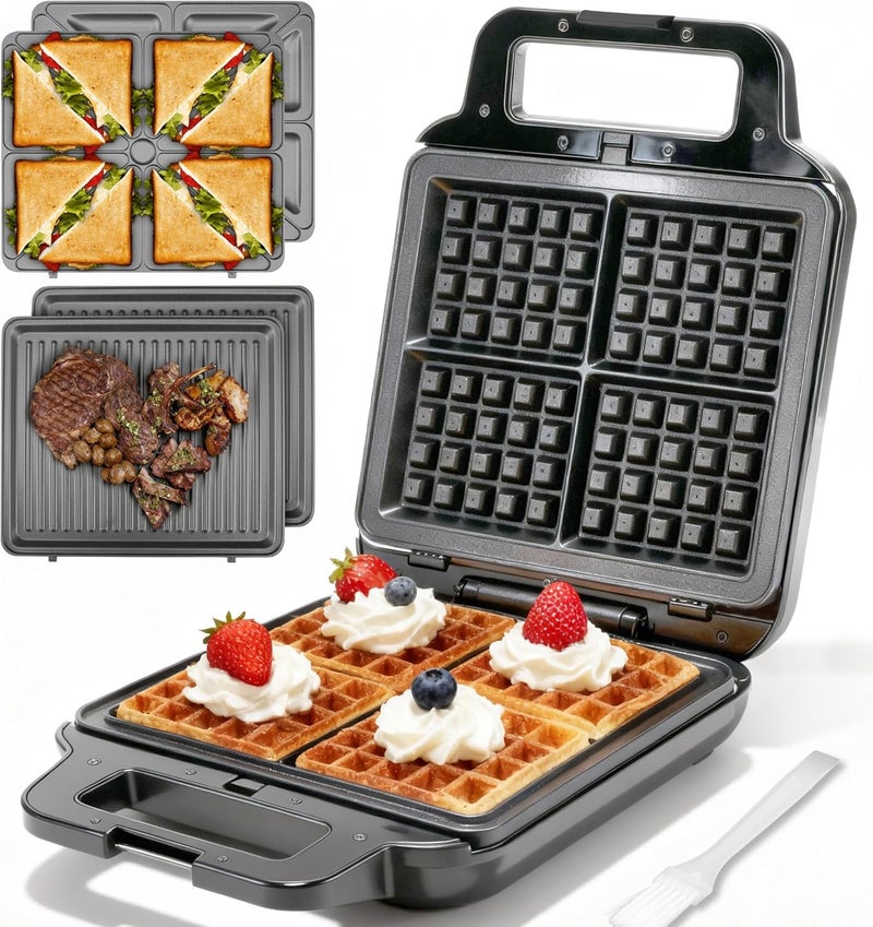 FineMade Belgian Waffle Maker with Removable Plates, Waflera Electrica, Large Waffle Iron, 3 in 1 Panini Grill Press Breakfast Sandwich Maker, Electric Griddle, Grilled Cheese Maker, Breakfast Station - Image 1